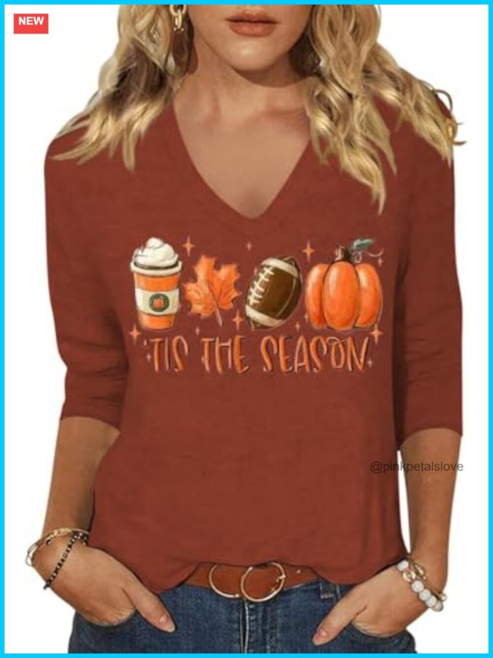 Women's Halloween Pumpkin V-Neck 3/4 Sleeve Graphic T-Shirt Thanksgiving Fall